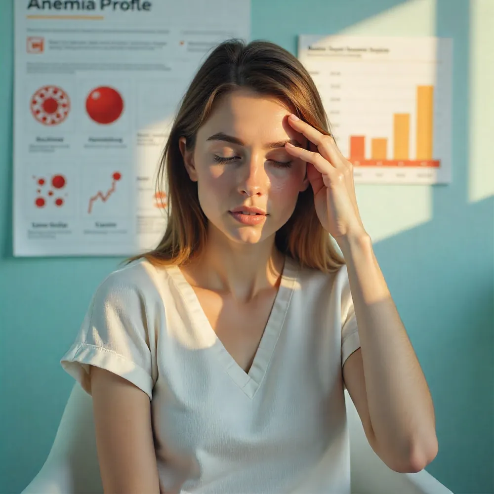 Woman with fatigue in front of an anemia profile chart