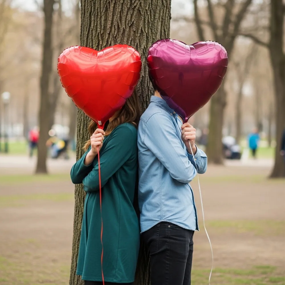 Two people holding heart-shaped balloons