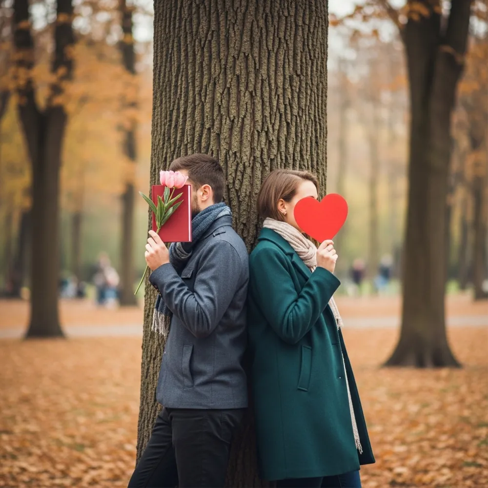 Couple standing back to back with heart symbols