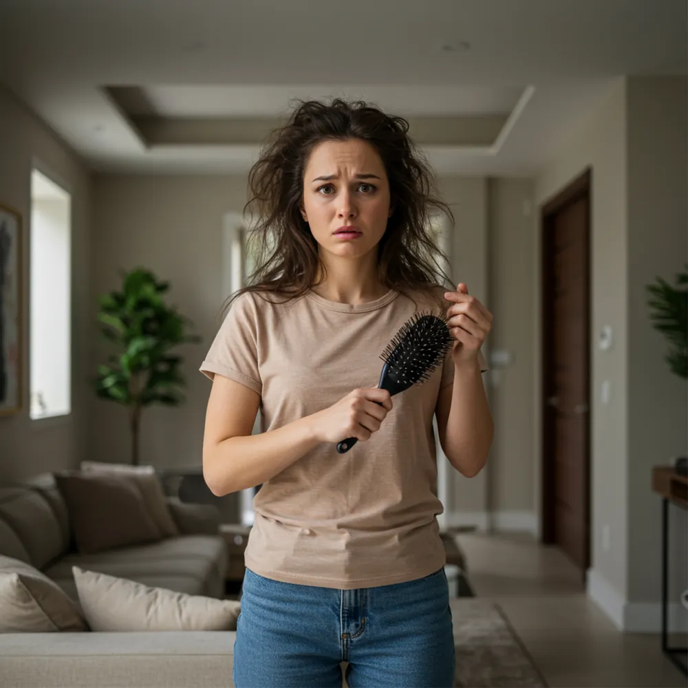Woman concerned about hair loss while holding a hairbrush