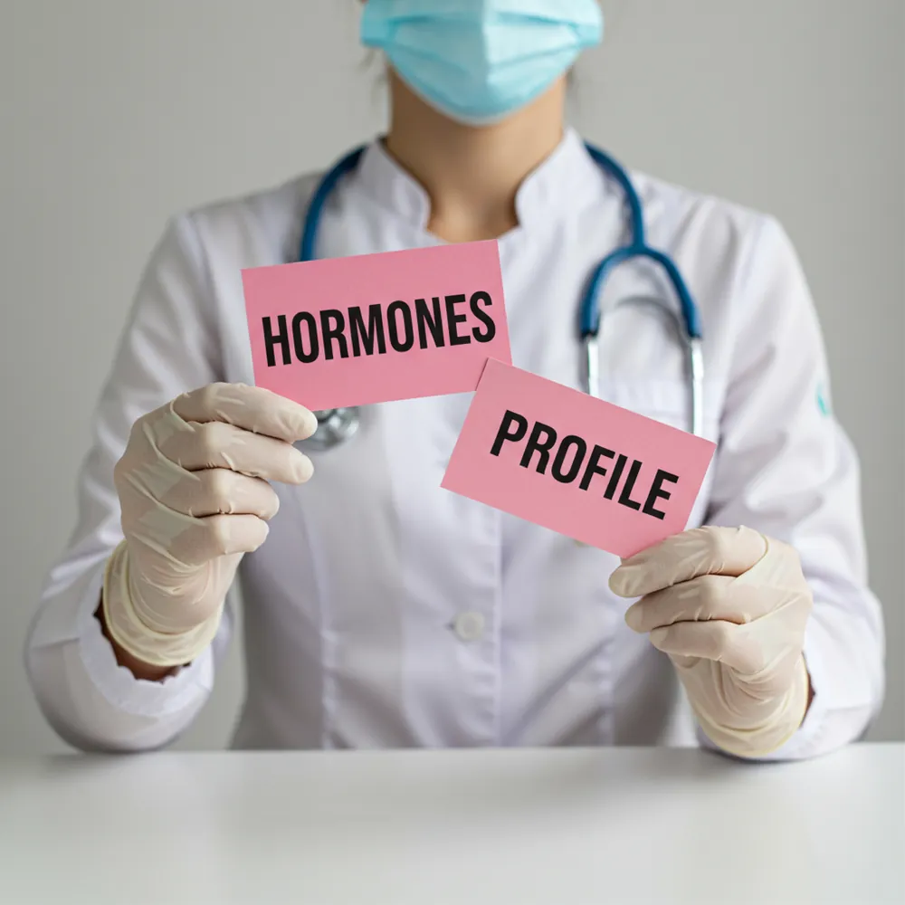 Clinician holding cards labelled Hormones Profile