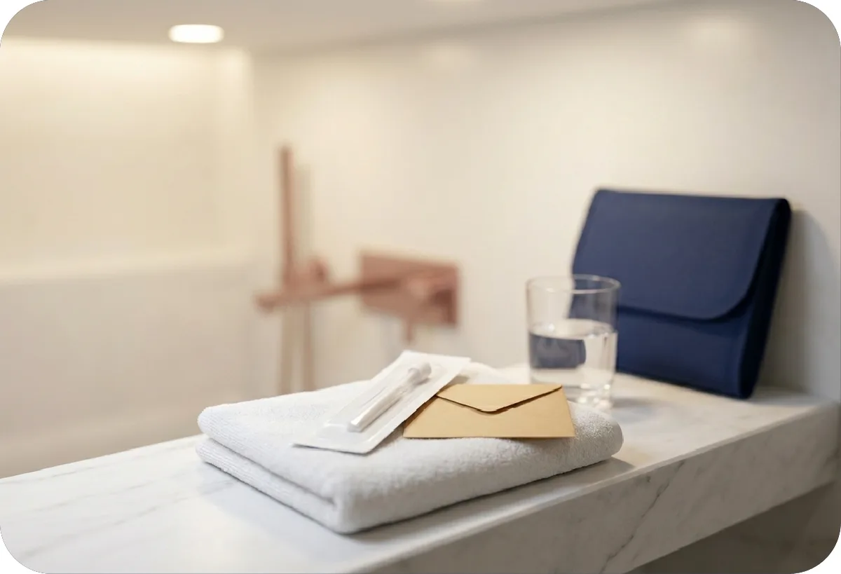 Prepared private home-testing area with a sample cup, towel and water