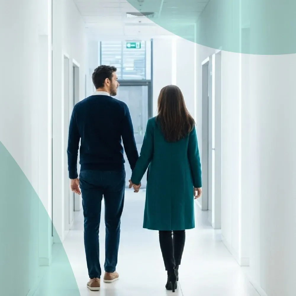 A couple walking together through a private, calm clinic corridor, illustrating discreet anonymous STD testing at home in Dubai with Vesta Care