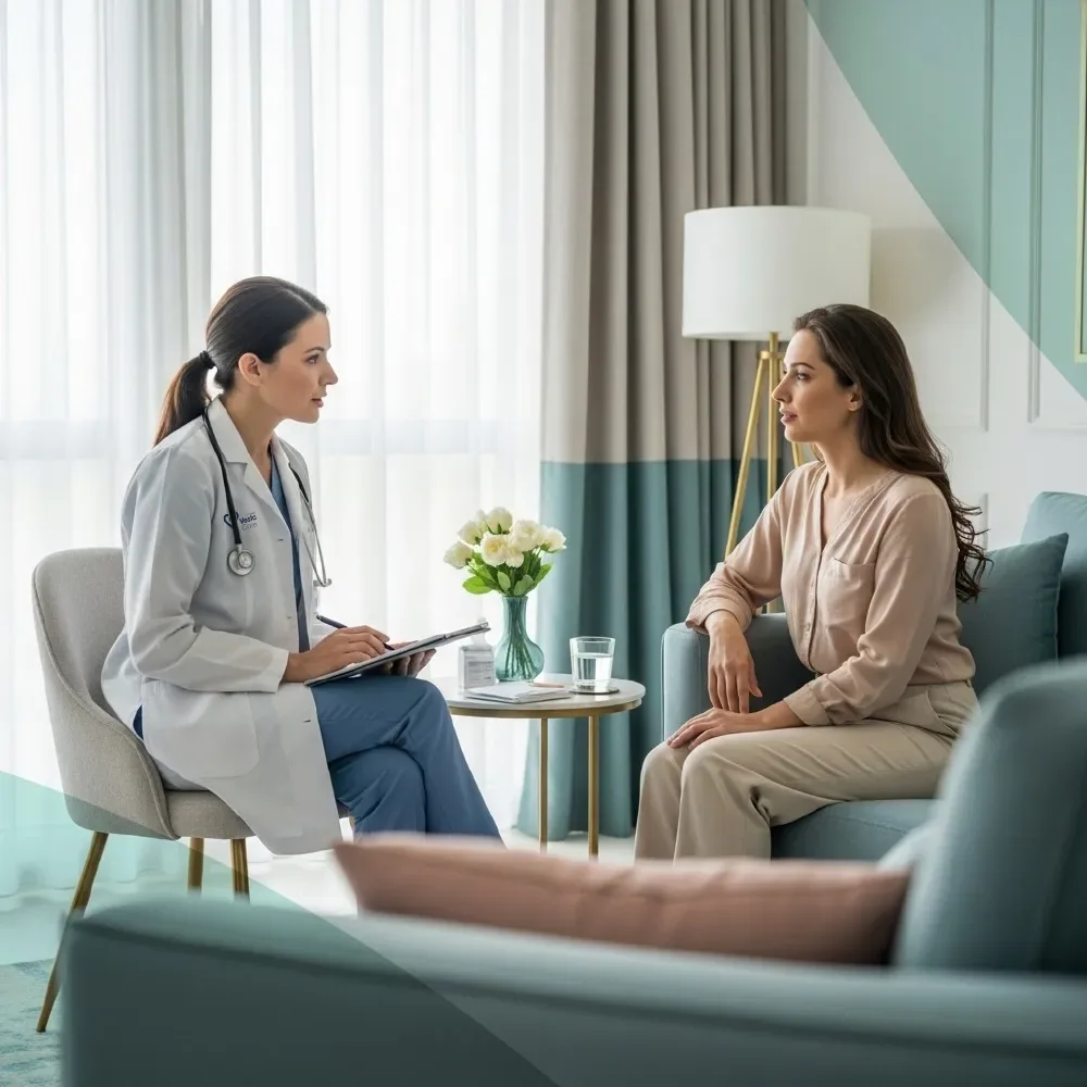 A female DHA-licensed doctor speaking privately with a woman patient in her own living room during a confidential bacterial vaginosis (BV) consultation at home in Dubai