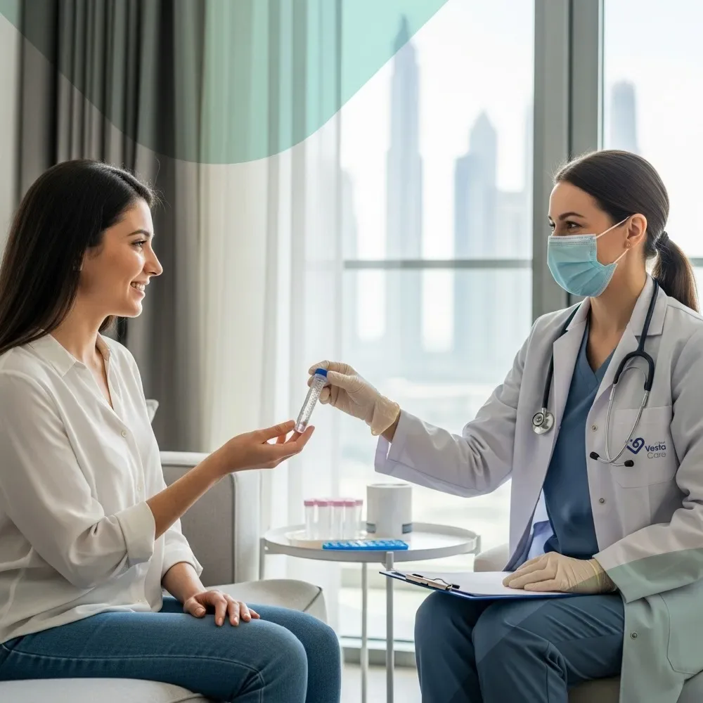 A woman receiving a sample collection tube from a DHA-licensed female clinician in a private Dubai apartment, for a cervicitis test at home in Dubai