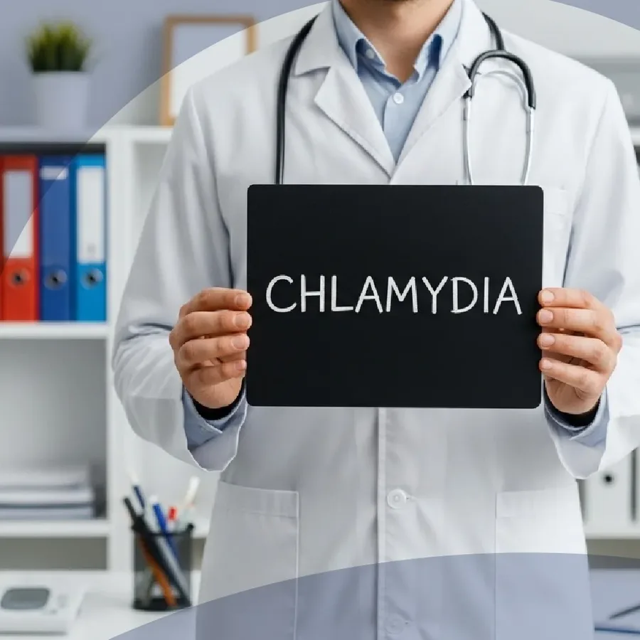 A DHA-licensed doctor holding a board reading Chlamydia, representing confidential chlamydia testing at home in Dubai with Vesta Care