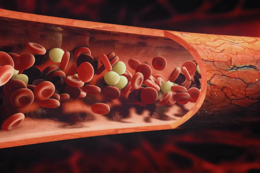 Illustration of blood cells and lipids inside an artery