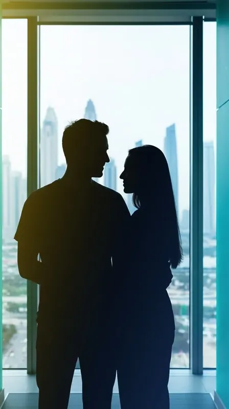 A couple in silhouette at a window above the Dubai skyline, representing a confidential bacterial vaginosis test taken at home with no clinic waiting room