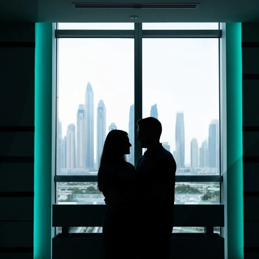 A couple standing privately at a window above the Dubai skyline, representing discreet and confidential STD testing at home in Dubai