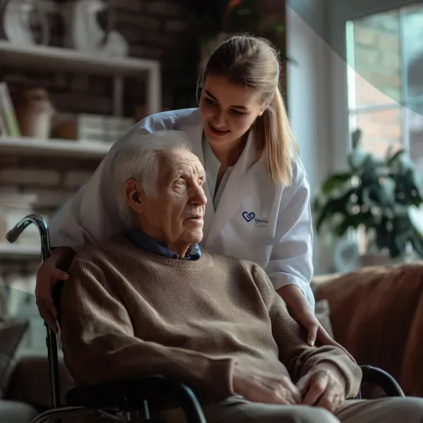 DHA-licensed Vesta Care nurse providing elderly care and assisted living support to a senior at home in Dubai