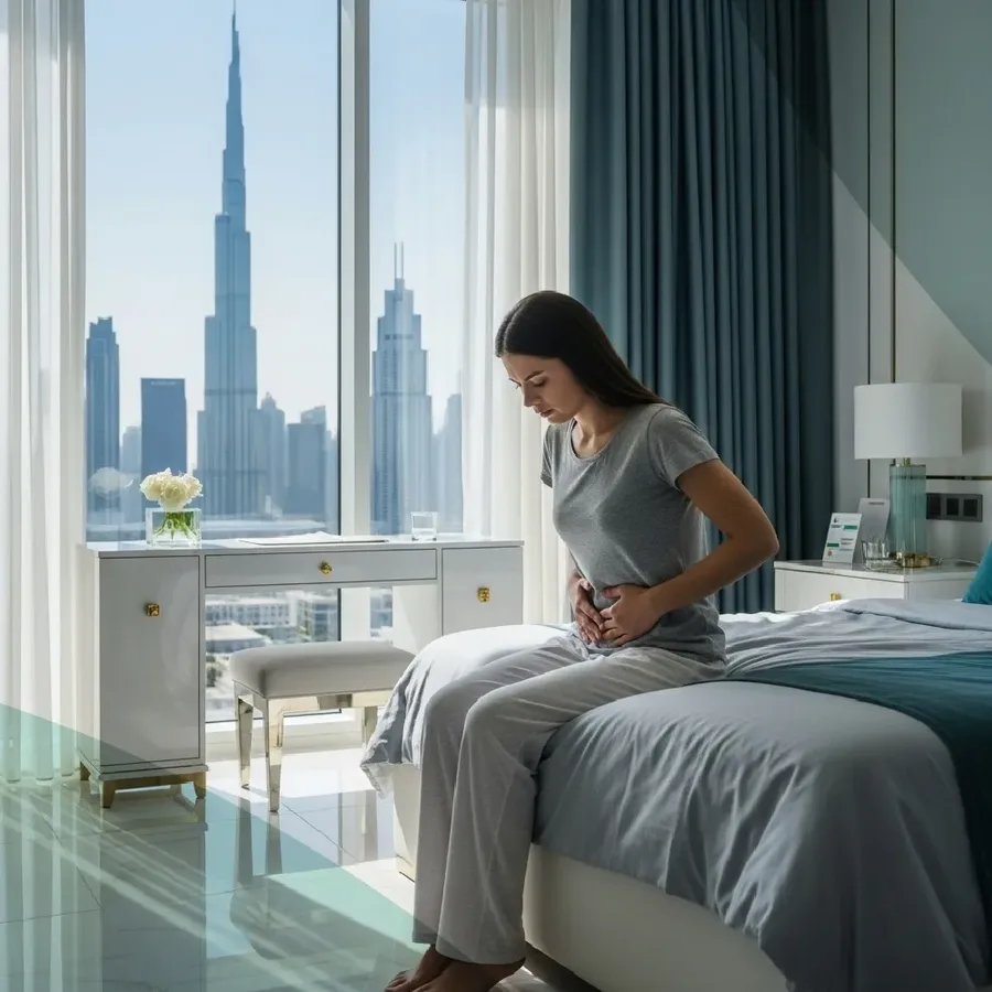 A woman sitting on the edge of a bed holding her lower abdomen in a Dubai apartment overlooking the Burj Khalifa, representing confidential gonorrhea testing at home in Dubai