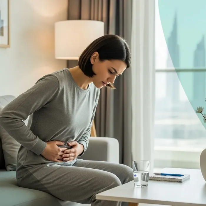 A woman in a Dubai apartment holding her lower abdomen, representing the painful swollen groin lymph nodes and pelvic discomfort of second-stage Lymphogranuloma Venereum
