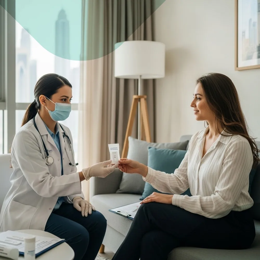 A DHA-licensed Vesta Care clinician handing a Mycoplasma genitalium test to a patient in a Dubai home, representing confidential at-home M. genitalium testing