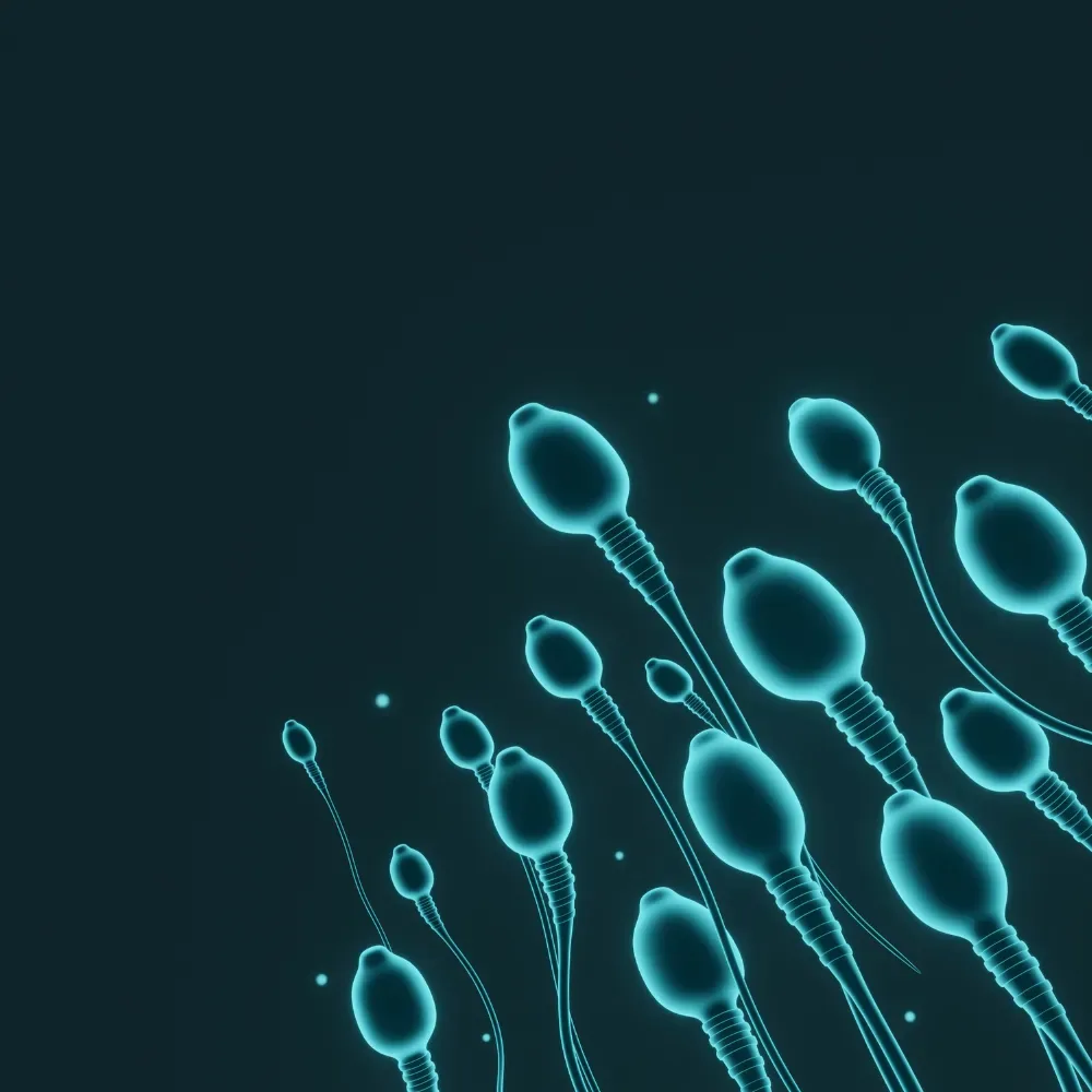 A teal illustration of sperm cells used to represent semen analysis for male fertility testing in Dubai