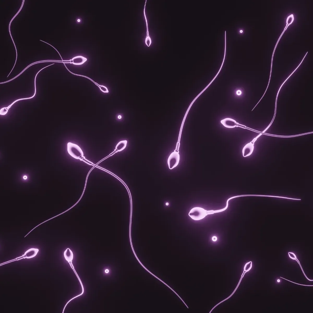 Illuminated spermatozoa on a dark field, representing the semen analysis Vesta Care collects at your home in Dubai