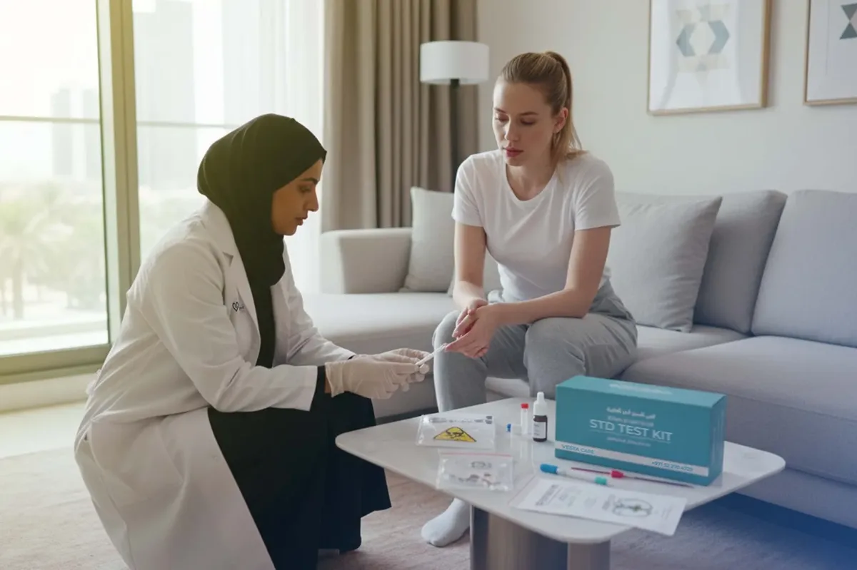 A DHA-licensed Vesta Care nurse collecting a sample from a patient at home in Dubai, with an STD test kit on the table