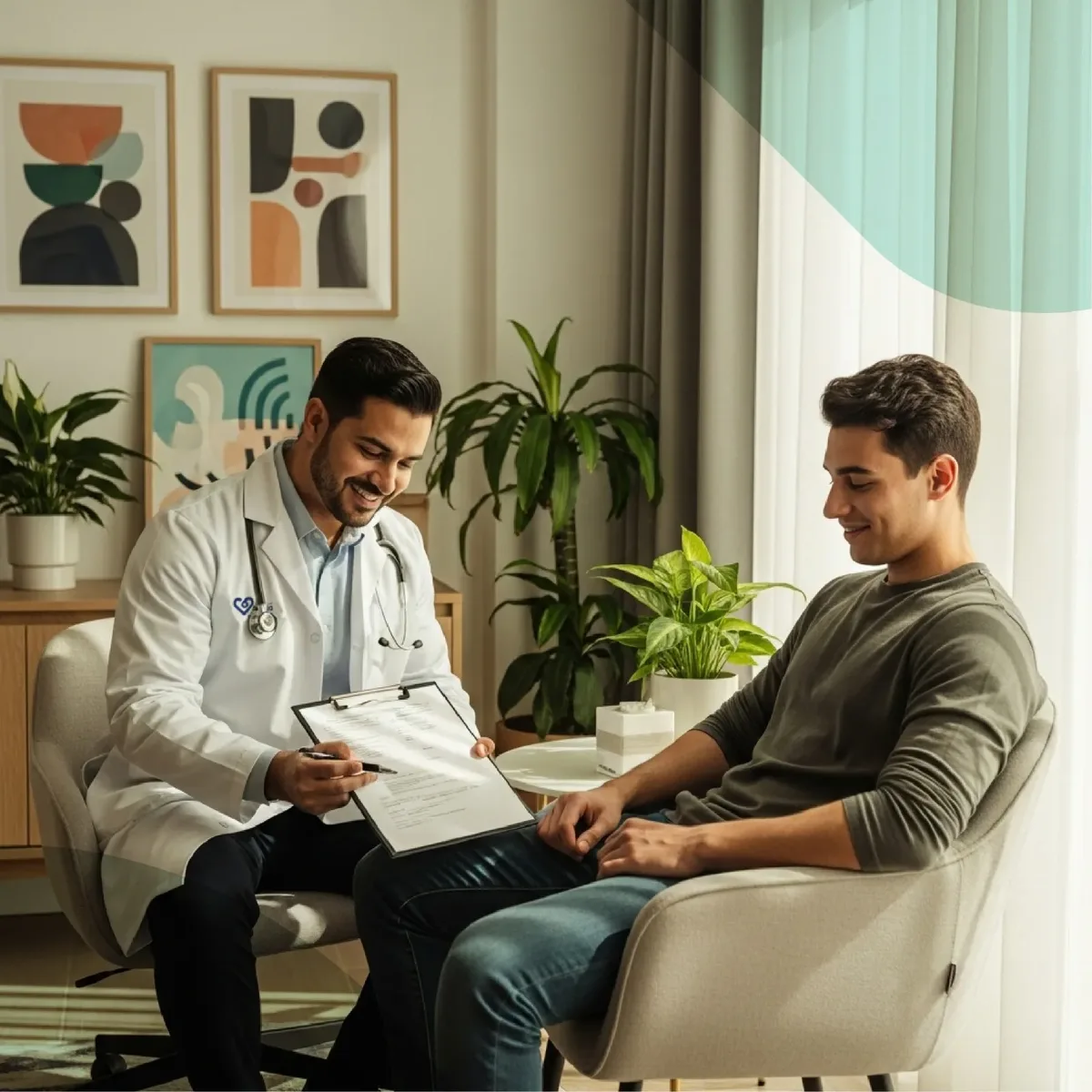 A DHA-licensed doctor speaking privately with a patient in a calm living room, representing a confidential STD test at home in Dubai with Vesta Care