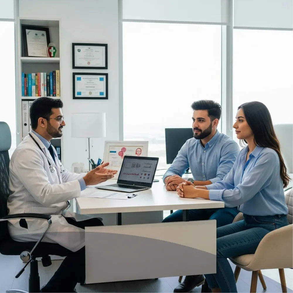 A DHA-licensed doctor explaining laboratory results on screen to a couple during a confidential STD consultation in Dubai