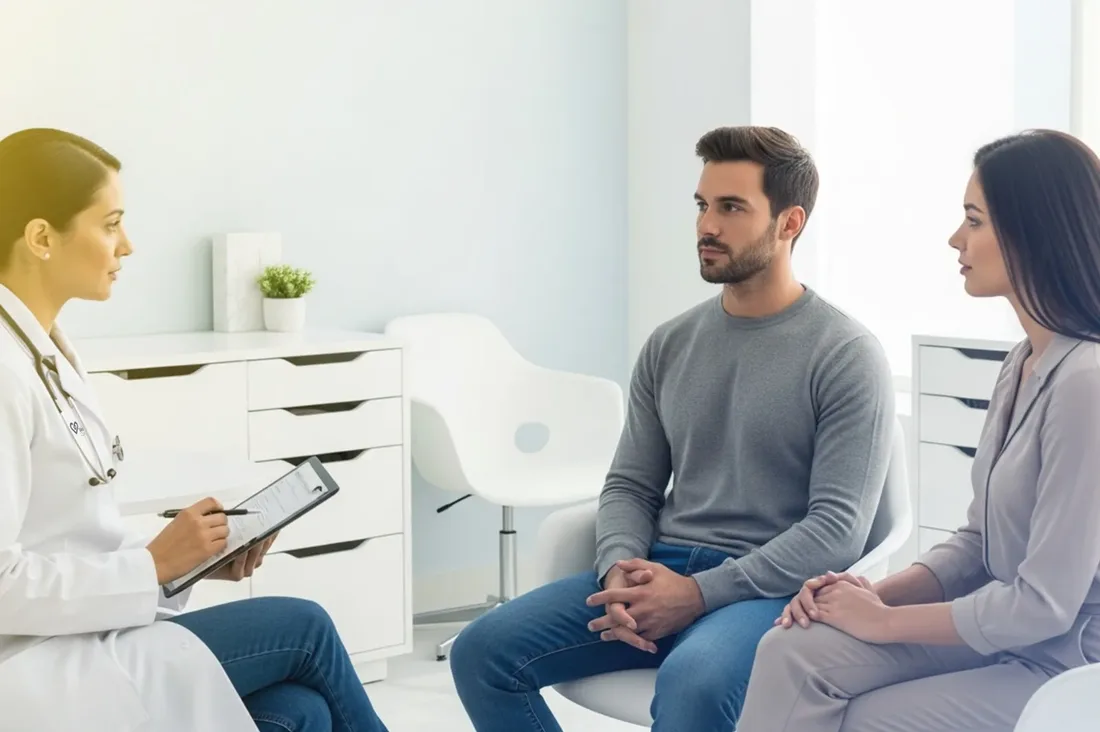 A DHA-licensed clinician taking notes while speaking with a couple during a private at-home STD testing consultation in Dubai