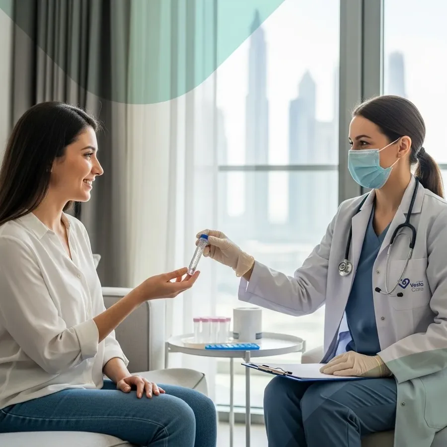 A DHA-licensed Vesta Care nurse handing a urine sample tube to a patient in a Dubai apartment, representing confidential Ureaplasma testing at home