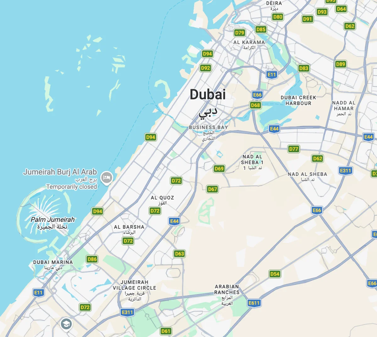 Map of Dubai showing Vesta Care home-visit coverage areas