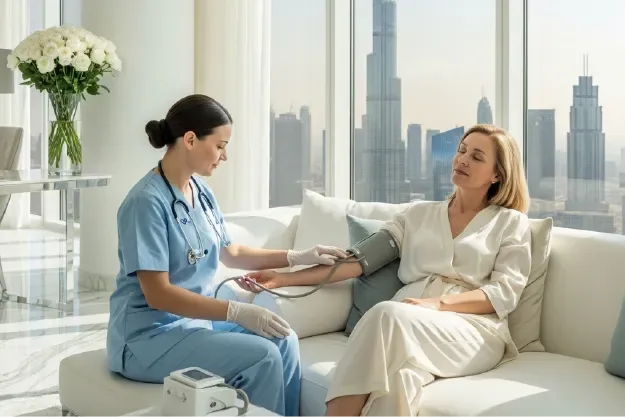 Vesta Care nurse checking a guest’s blood pressure in a Dubai apartment overlooking the skyline