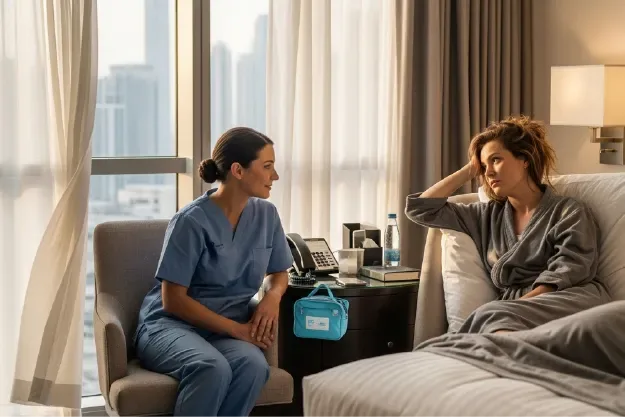 Nurse visiting an unwell woman in a Dubai hotel room