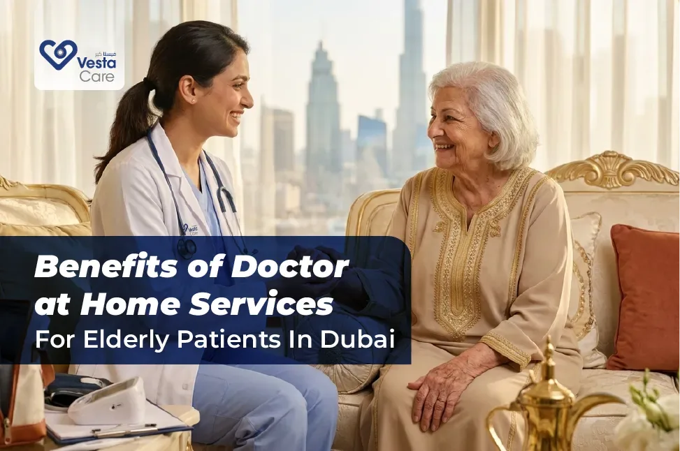 Doctor providing licensed medical care to an elderly patient at home in Dubai