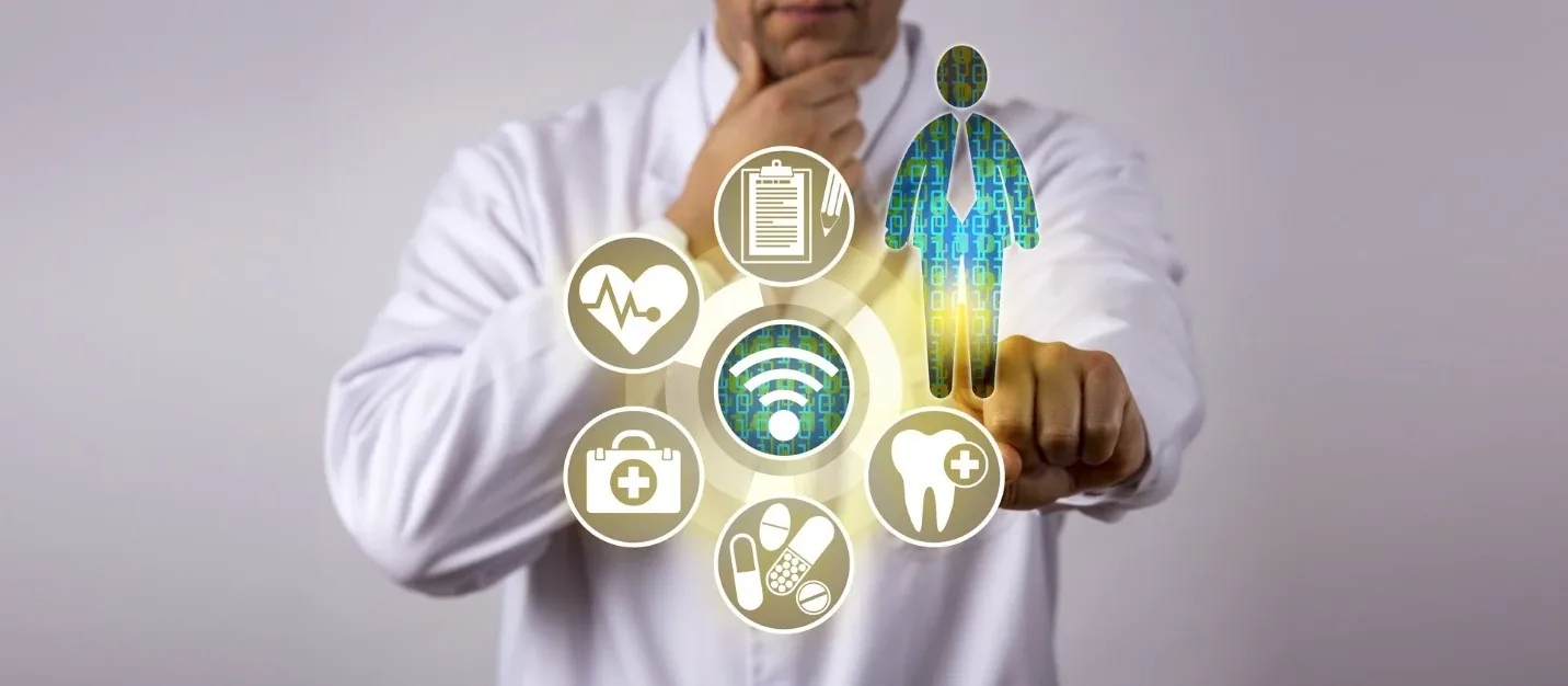 Doctor presenting digital healthcare and monitoring symbols