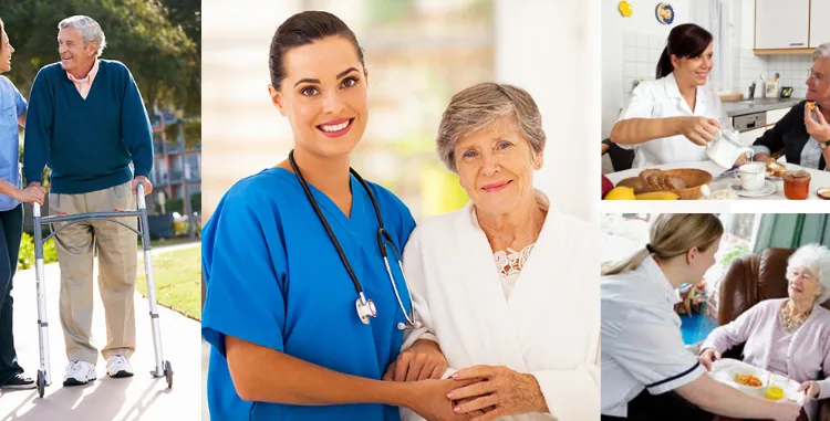 Collage of nurses supporting older adults at home