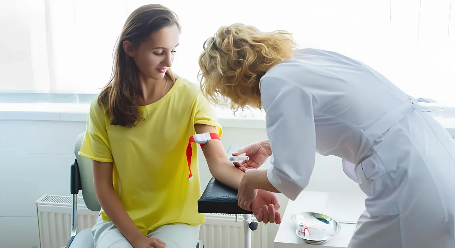 Licensed nurse collecting a blood sample for a lab test at a Dubai address