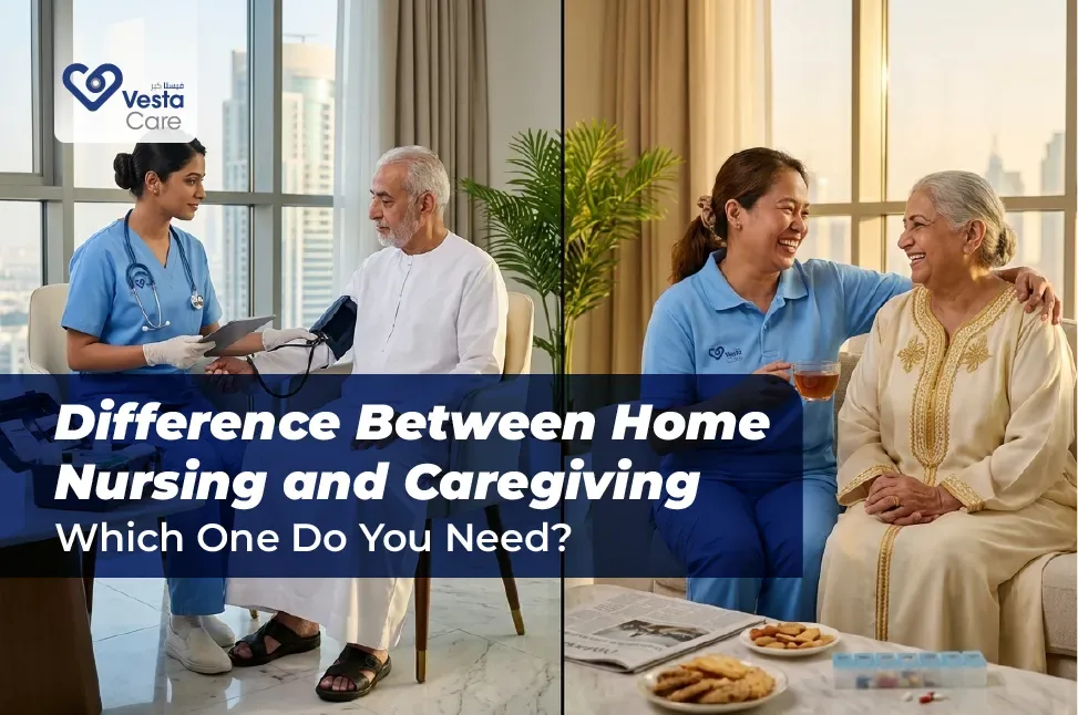 Caregiver supporting a senior with daily living activities at home in Dubai
