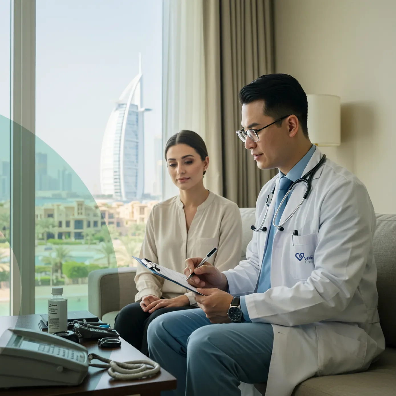 DHA-licensed doctor examining a visitor in a Dubai hotel room overlooking the Burj Al Arab