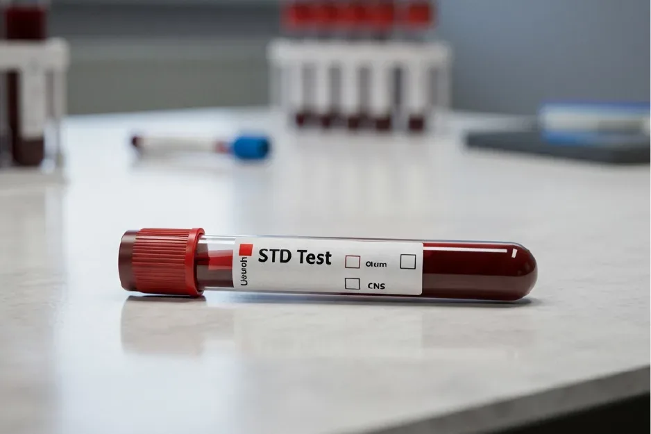 Blood sample tube labelled STD Test