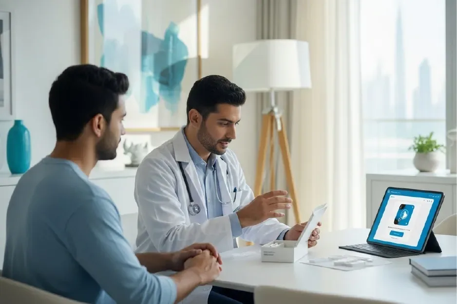 Doctor reviewing digital test information with a male patient
