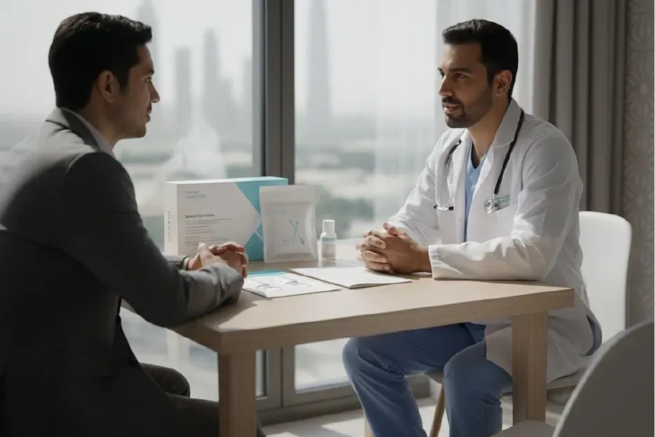 Doctor consulting a male patient in a Dubai home