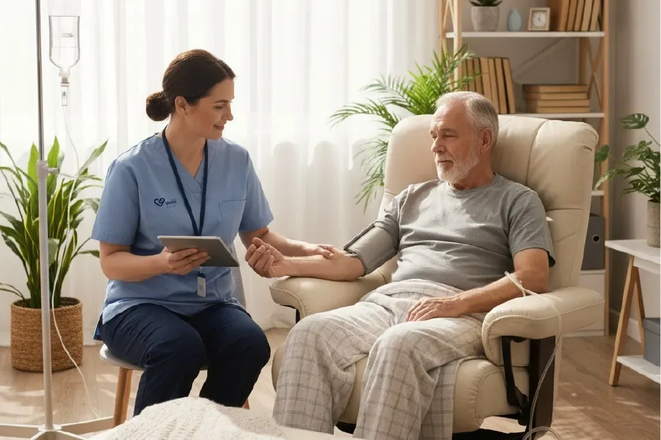 Nurse checking an older man's pulse during a home visit
