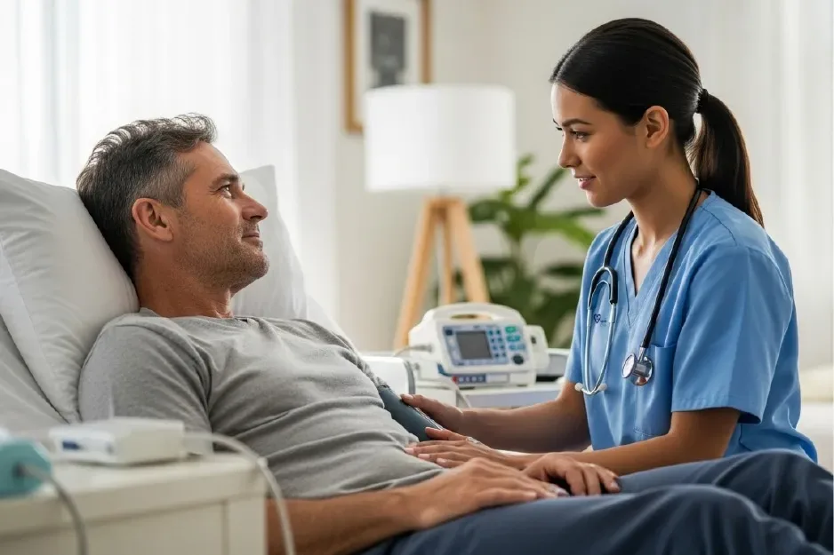 Nurse speaking with a male patient resting in bed