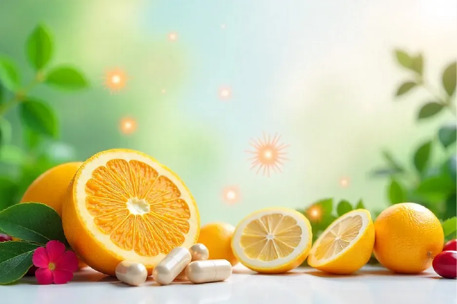 Oranges and vitamin supplements representing cellular energy