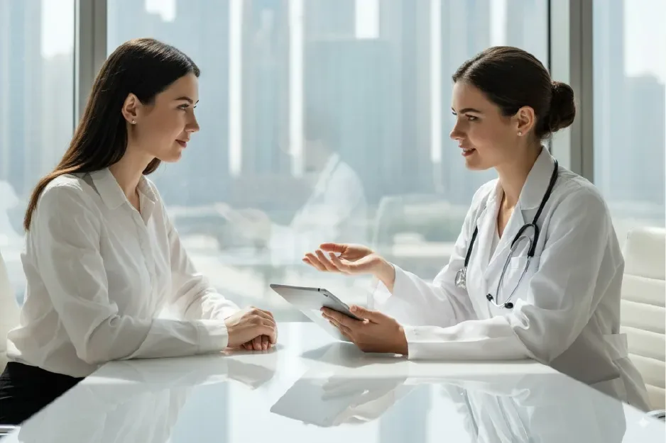 Doctor explaining HPV testing and screening options to a patient in Dubai