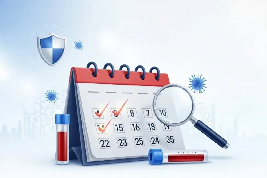 STD screening calendar, blood tube and magnifying glass