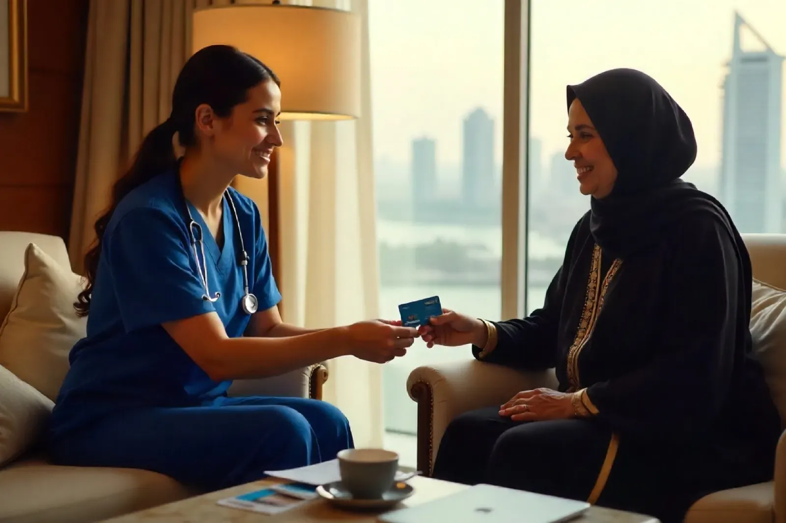 Nurse discussing home care with an Emirati woman