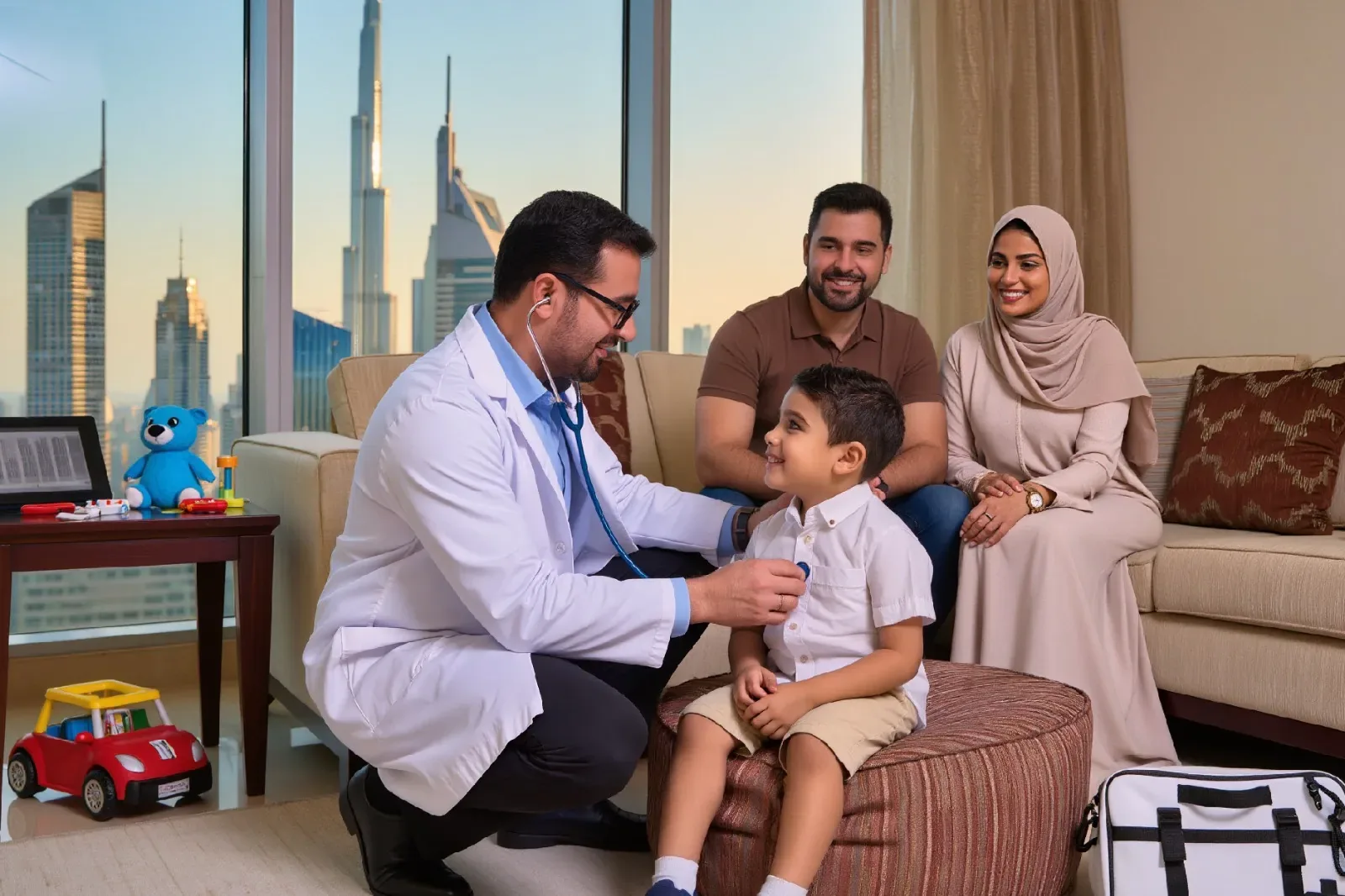Doctor visiting a family with a young child at home