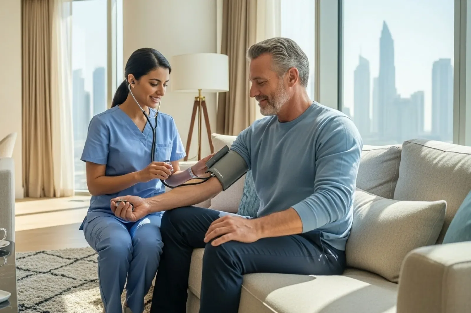 Nurse checking a man's blood pressure at home