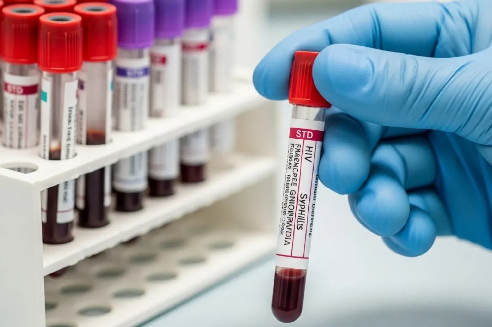 Gloved clinician holding a blood tube labelled STD