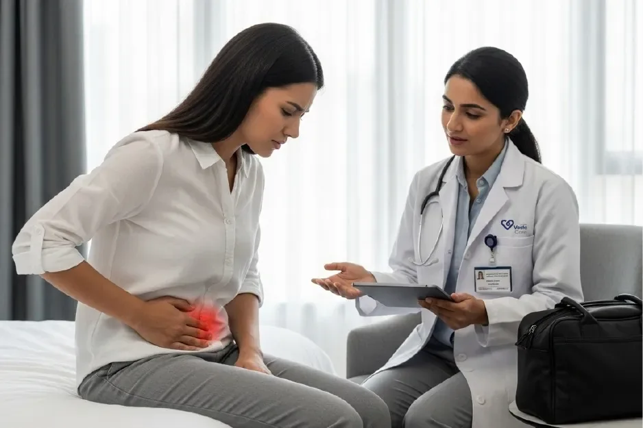 Doctor consulting a woman experiencing abdominal discomfort