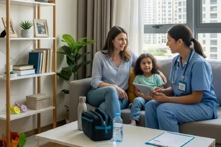 Nurse discussing care with a mother and daughter at home