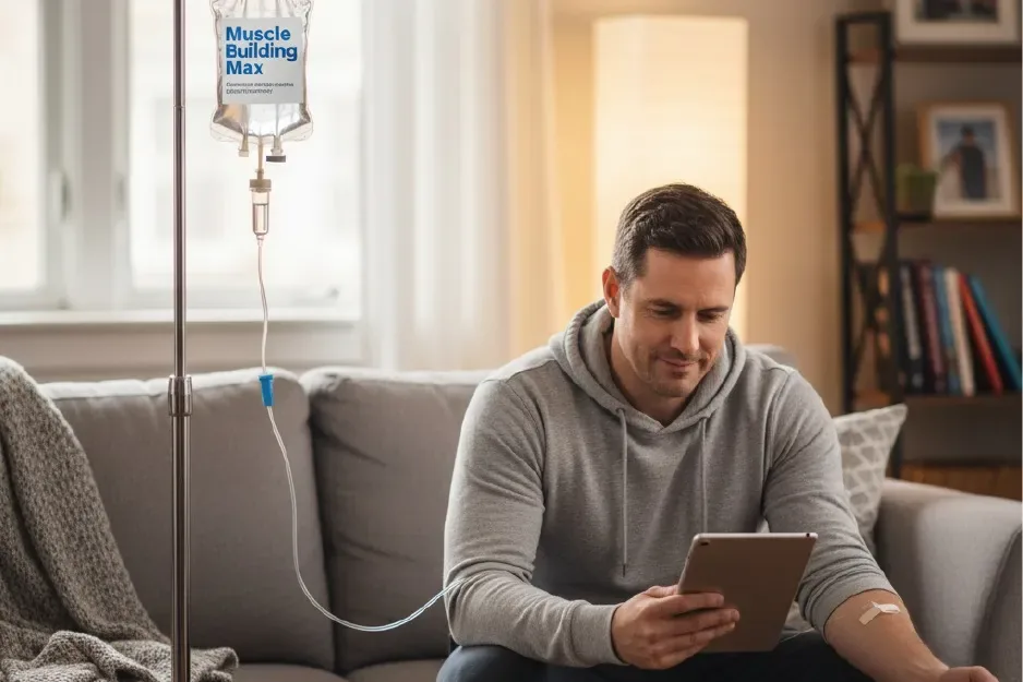 Man receiving intravenous therapy at home while using a tablet