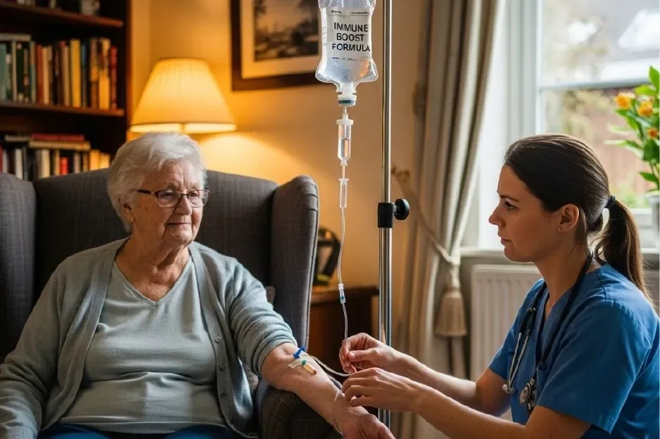 Nurse administering an intravenous infusion to an older woman