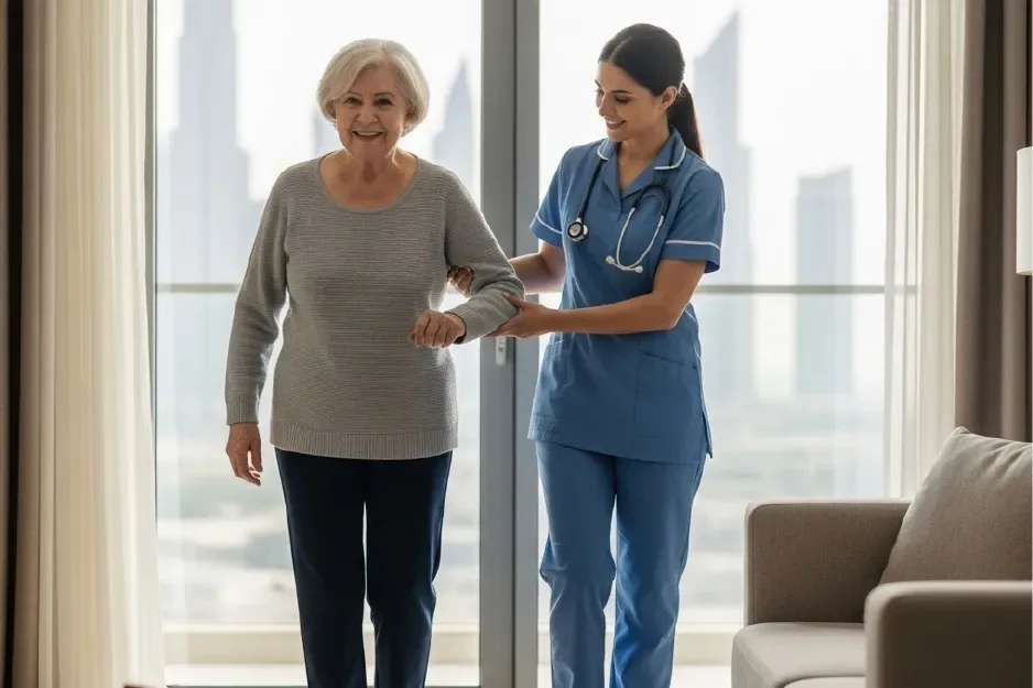 Nurse helping an older woman walk safely at home